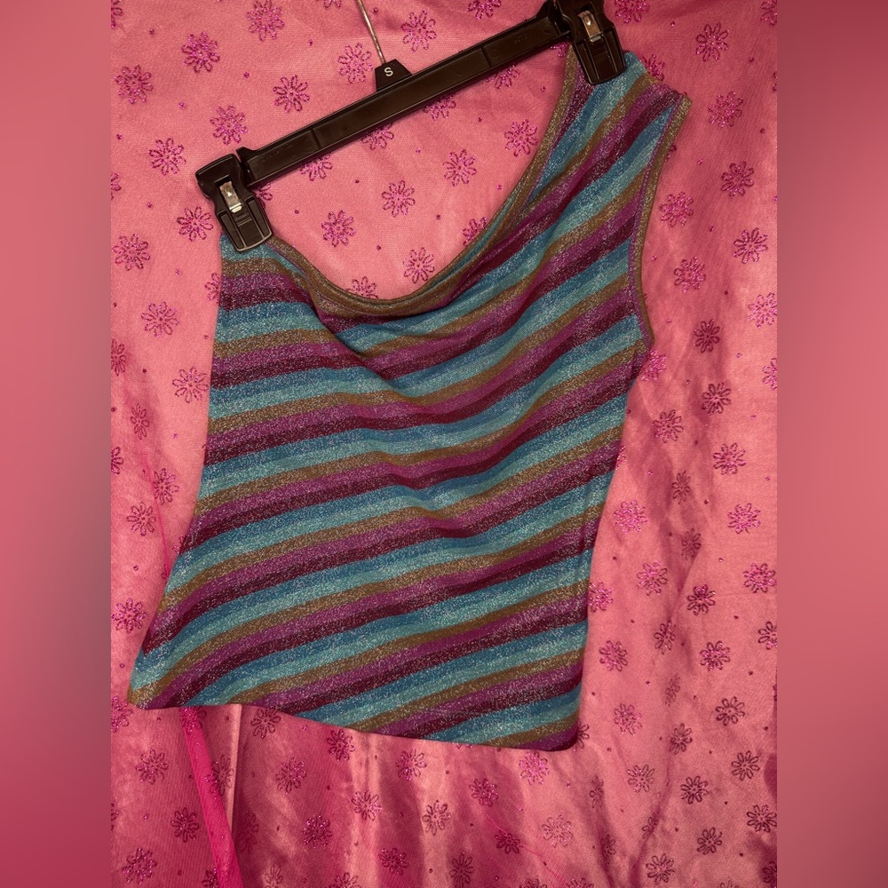 Guess Jeans Metallic Striped Off Shoulder Tank Top